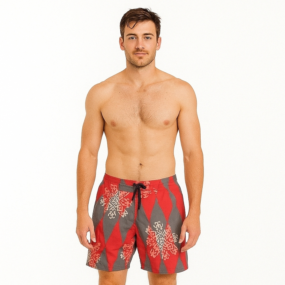 Vana Tribal Swim Shorts Handmade M Eco-Friendly Gray Red Pink